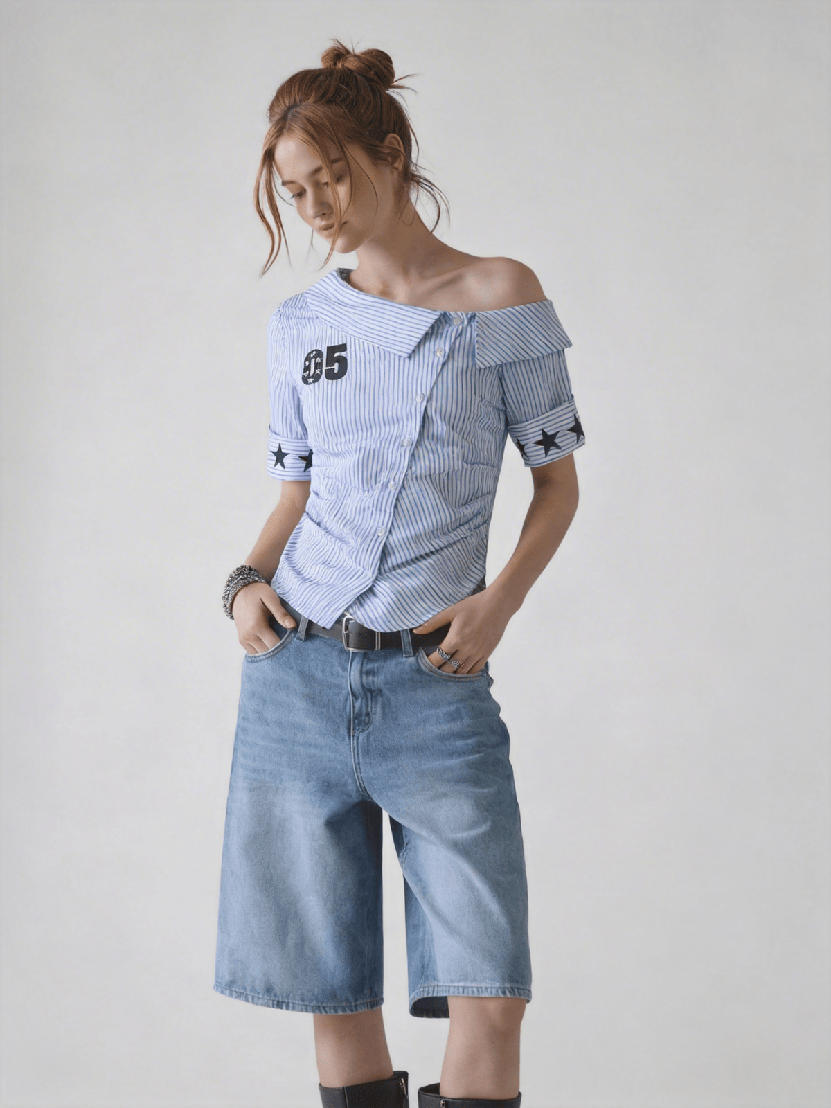 Aelfric Eden Stripe Star Off-The-Shoulder Short Sleeve Shirt