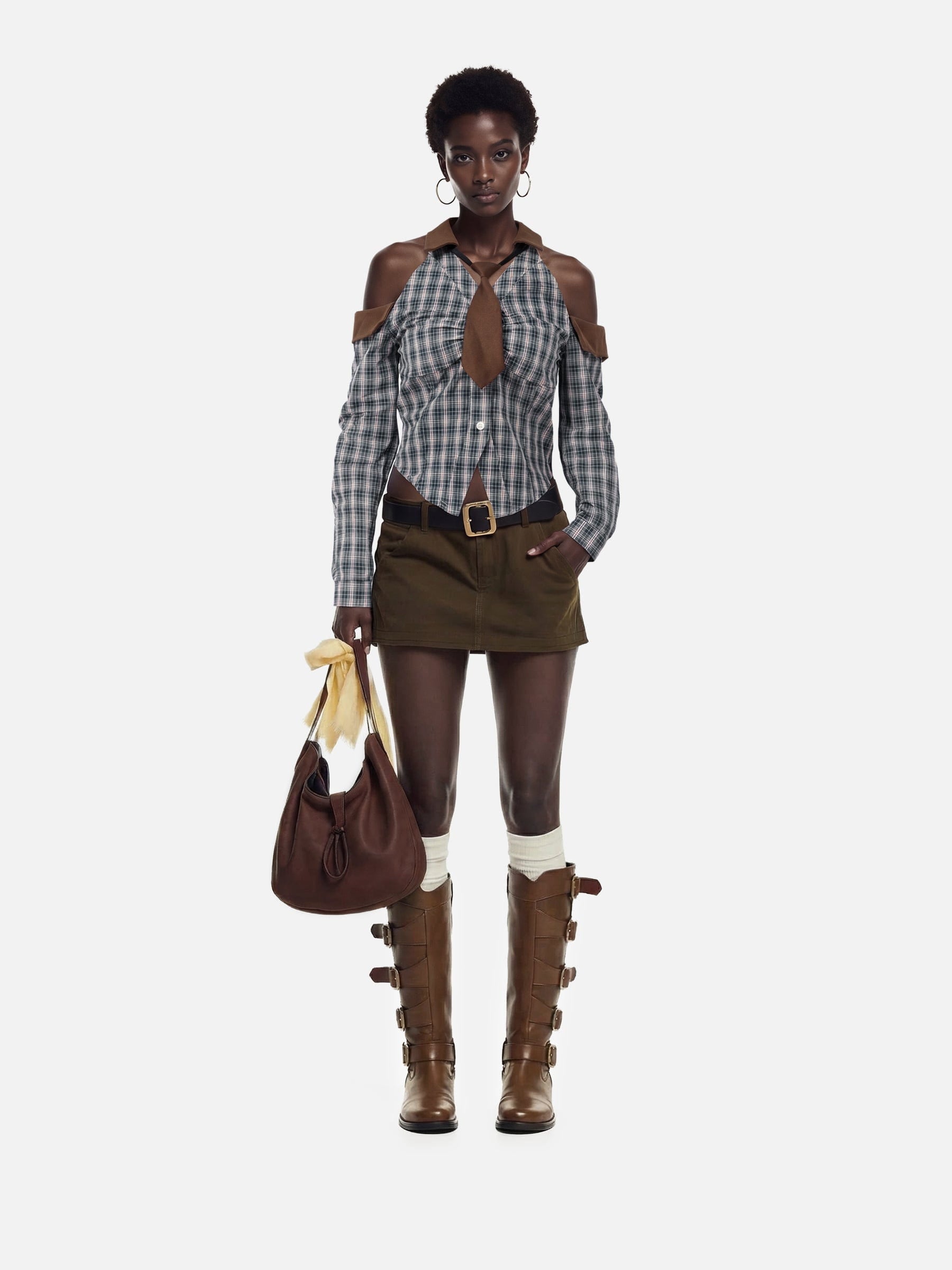Aelfric Eden Plaid Tie Cropped Long Sleeve Shirt