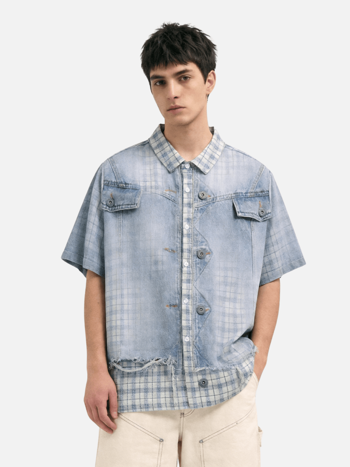 Aelfric Eden Denim Plaid Panel Short Sleeve Shirt