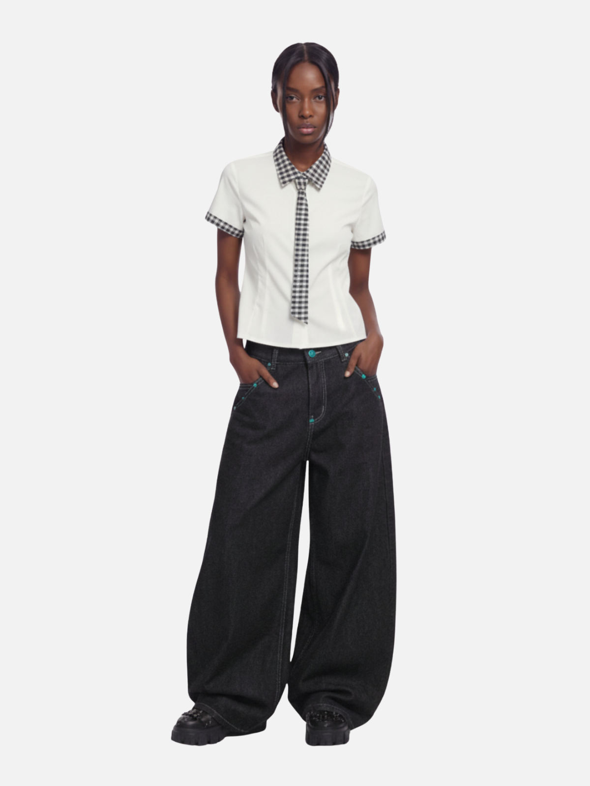 Aelfric Eden Plaid Tie Cropped Short Sleeve Shirt